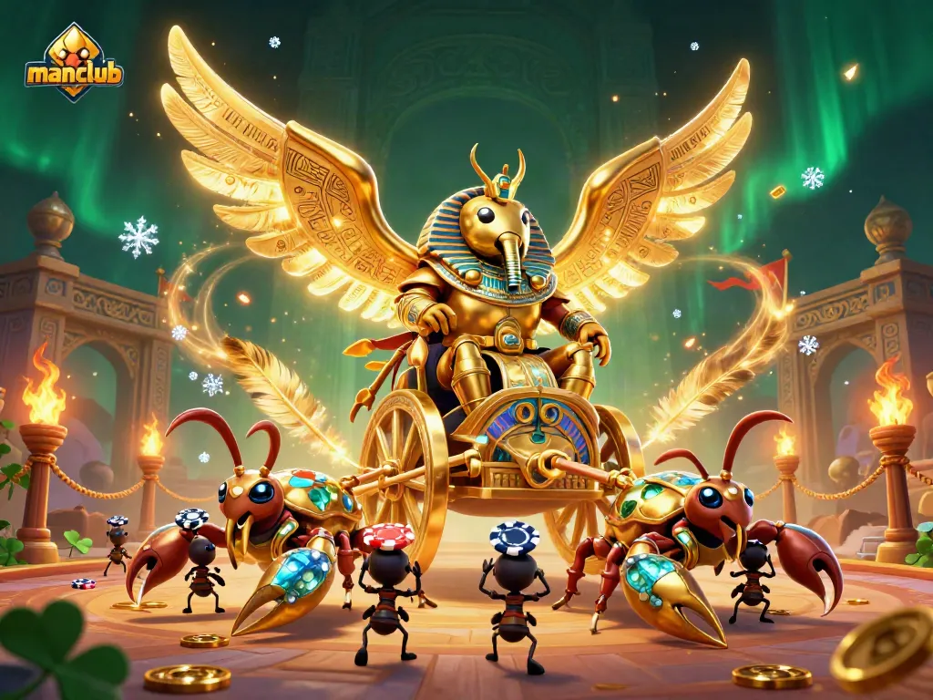 Engage with manclub’s thrilling gameplay featuring a massive golden scarab in an epic casino scene.
