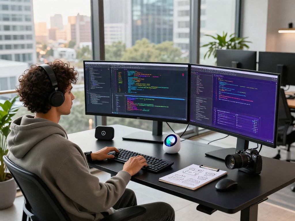Discovering advanced coding techniques at a modern workspace featuring crushon ia and innovative tech setups.