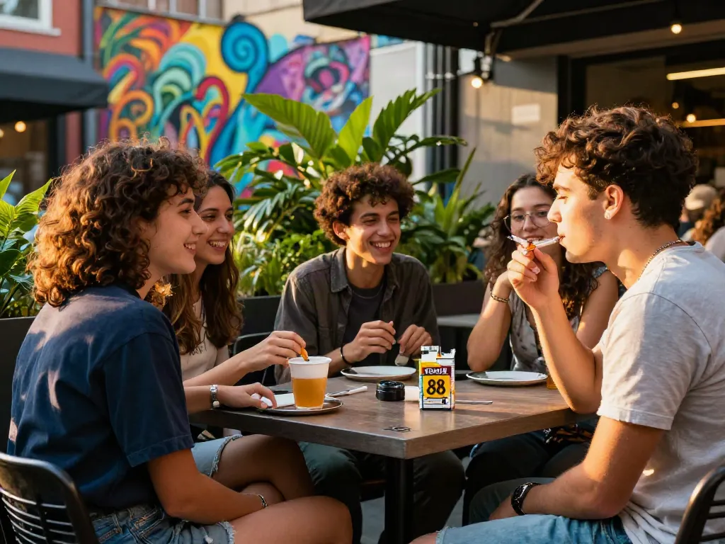 Friends at an outdoor café enjoying modern lifestyle with rokok 88.