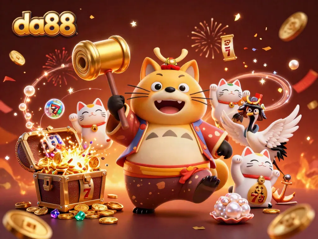 Experience the thrill of winning at da88 with a vibrant 3D casino scene featuring lucky symbols.