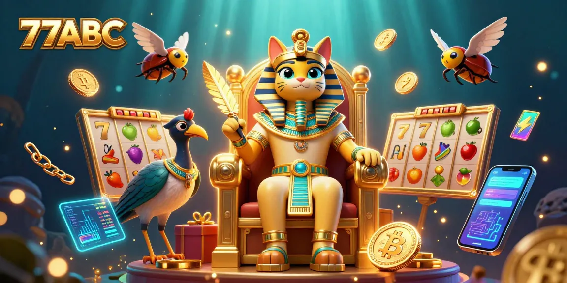 77ABC elevates gaming with a vibrant 3D scene showcasing pharaoh cat, crypto elements, and slot games.