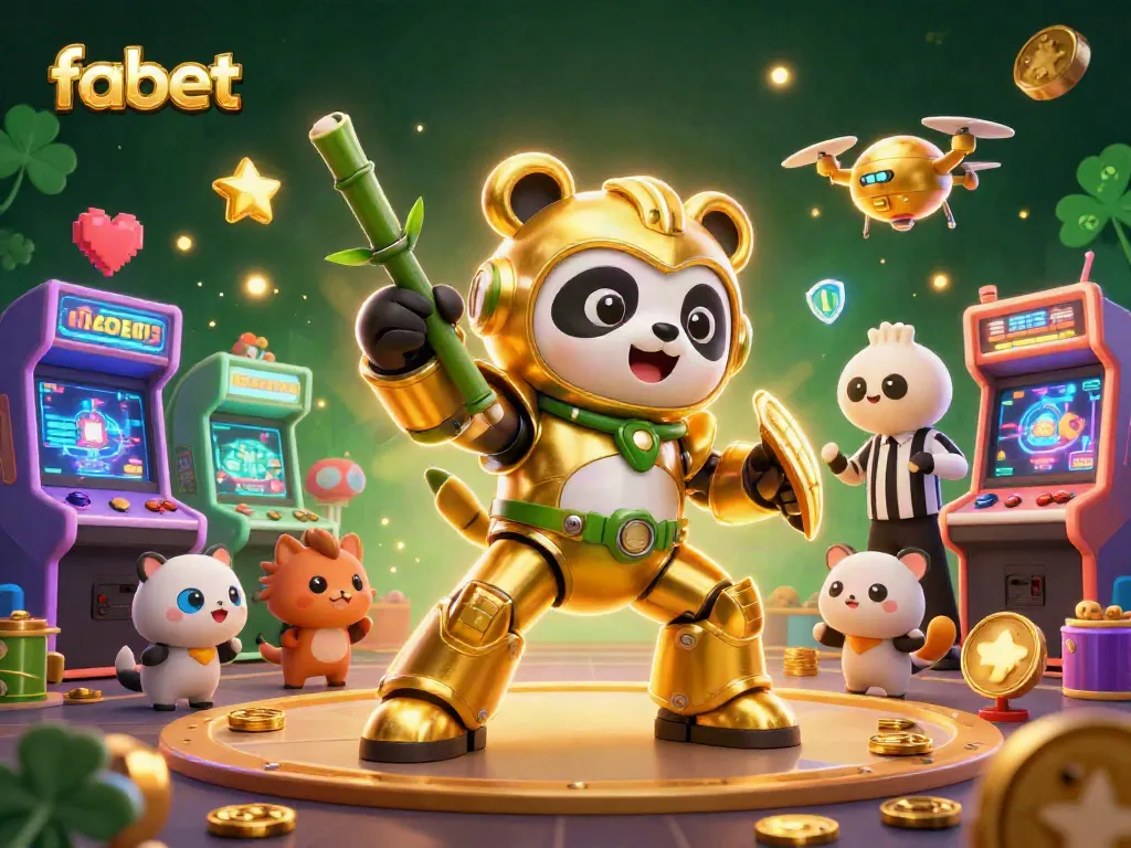 Experience thrilling games at fabet with animated golden panda in a vibrant casino scene.