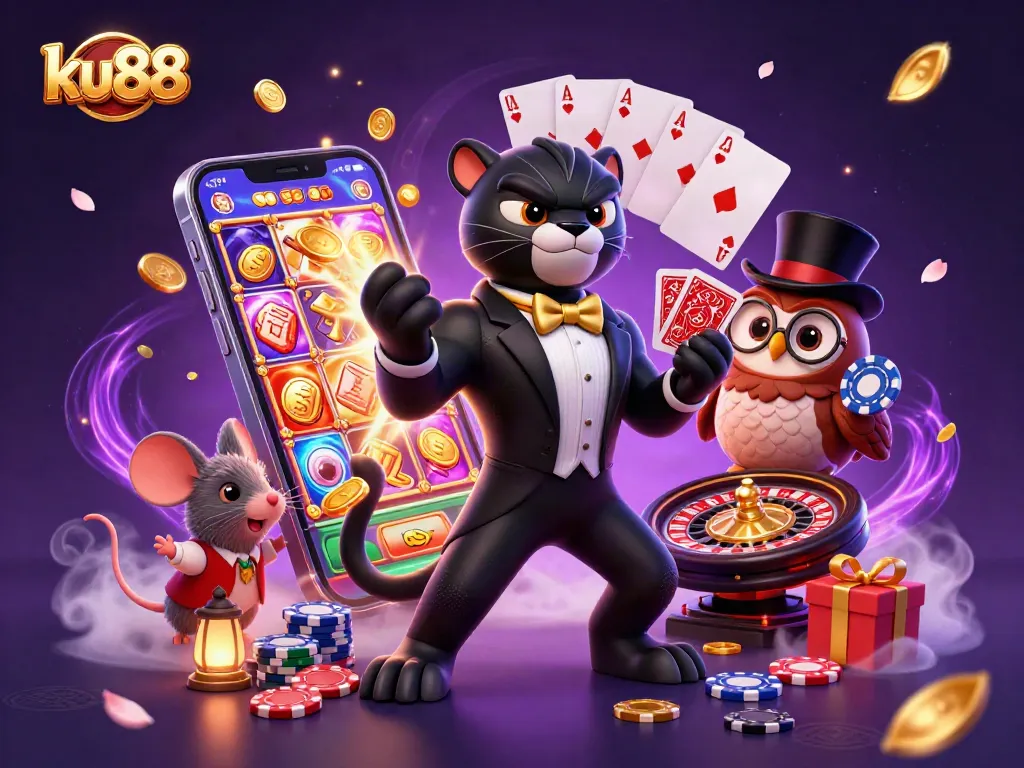 Experience thrilling gameplay at ku88 with a stylish panther dealer, poker owl, and lucky mouse amidst a colorful casino scene.