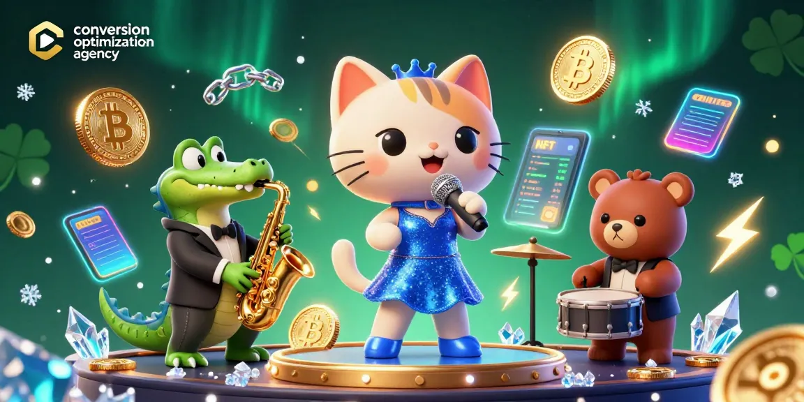 Engage with captivating casino scenes through our conversion optimization agency illustration featuring vibrant characters and crypto elements.