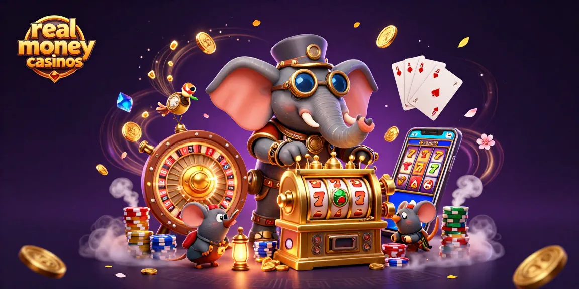 Experience the thrill of real money casinos with a steampunk elephant playing slots in a vibrant casino world.