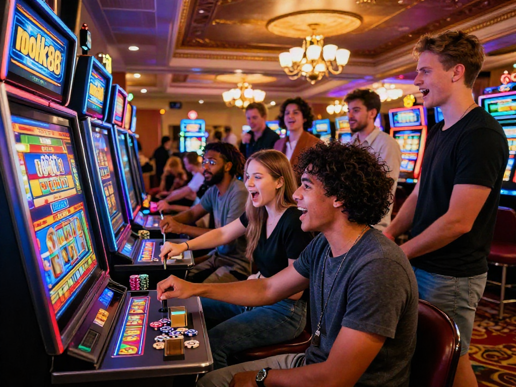 Exciting moment at a rokok88 slot machine with friends celebrating in a vibrant casino atmosphere.