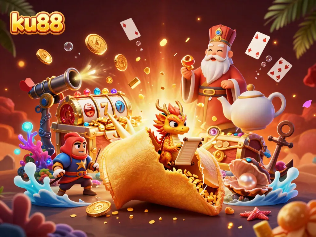 Celebrate wins at ku88 with this vibrant 3D scene featuring a golden fortune cookie and dynamic slots.