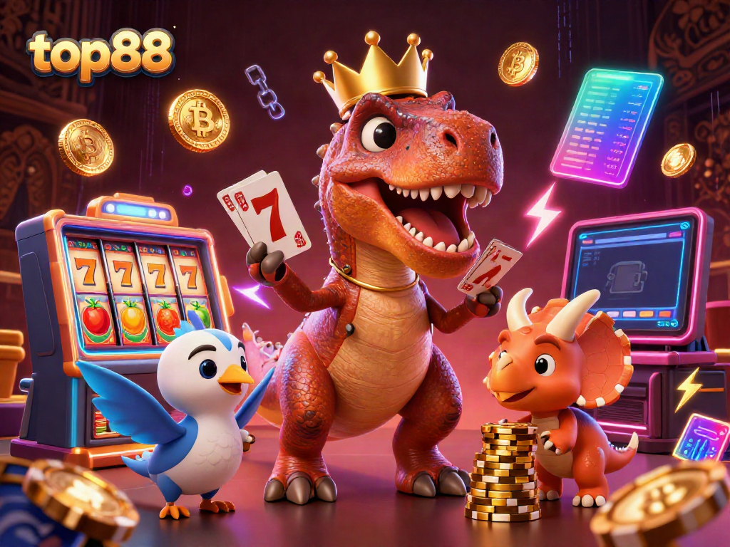 top88 casino scene with a friendly T-Rex shuffling cards and a pterodactyl assistant in a vibrant gambling atmosphere