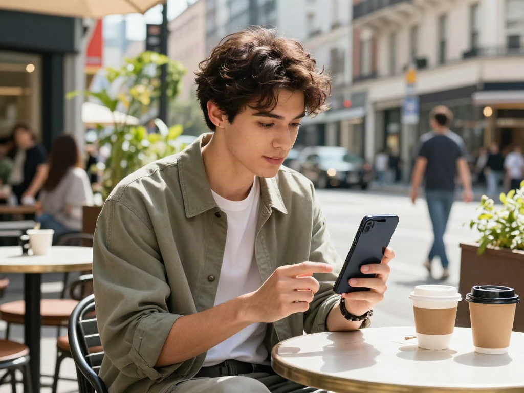 Youth reviewing rokok88 super mobile app at outdoor café in a vibrant city setting.