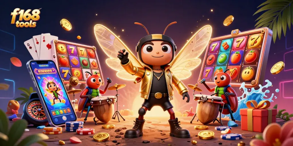 Engage with f168 tools for slot game excitement featuring a rock star cicada and vibrant casino elements.