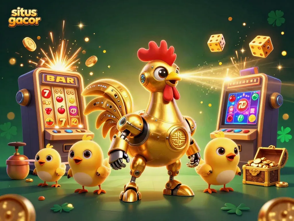 Experience the excitement of situs gacor with a golden rooster robot and jackpot celebration.