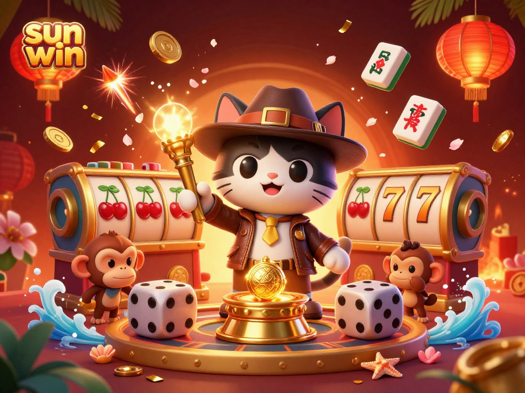 Hit the jackpot with sun win in this vibrant 3D illustration of cat and monkey exploring a casino treasure.
